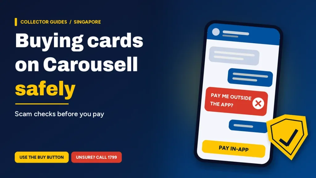 Card-buying safety graphic: phone chat with a crossed-out 'pay me outside the app?' message and yellow tick shield