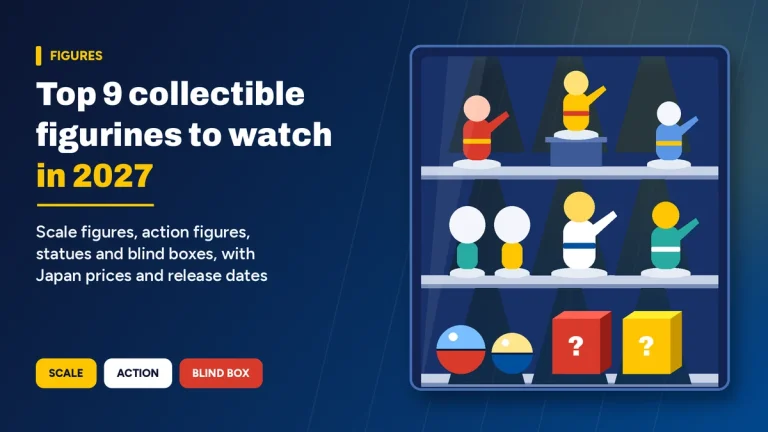Original graphic of a display cabinet with simple abstract figure shapes, capsule toys and blind boxes on navy and blue, titled Top 9 collectible figurines to watch in 2027