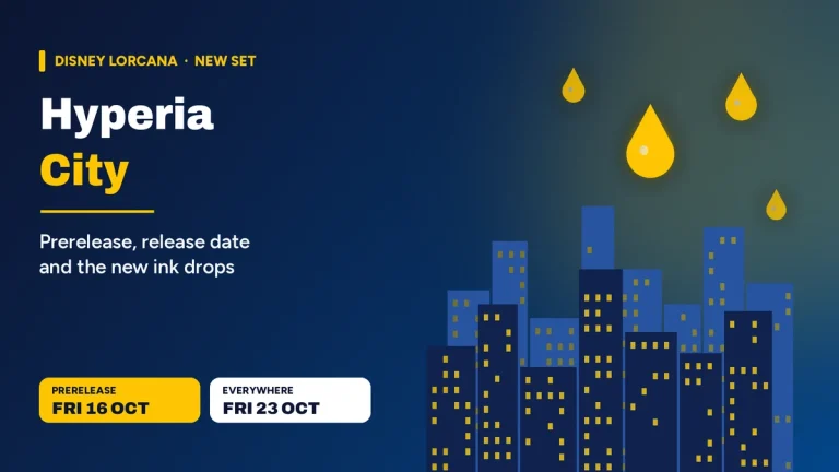 Disney Lorcana Hyperia City release graphic with a city skyline, gold ink drops and 16 and 23 October dates