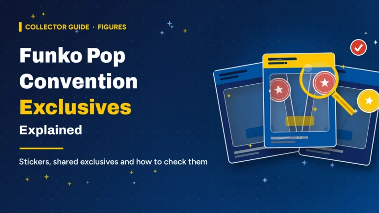 Funko Pop Convention Exclusives Explained graphic with three blank collectible window boxes, round star badges and a yellow magnifying glass