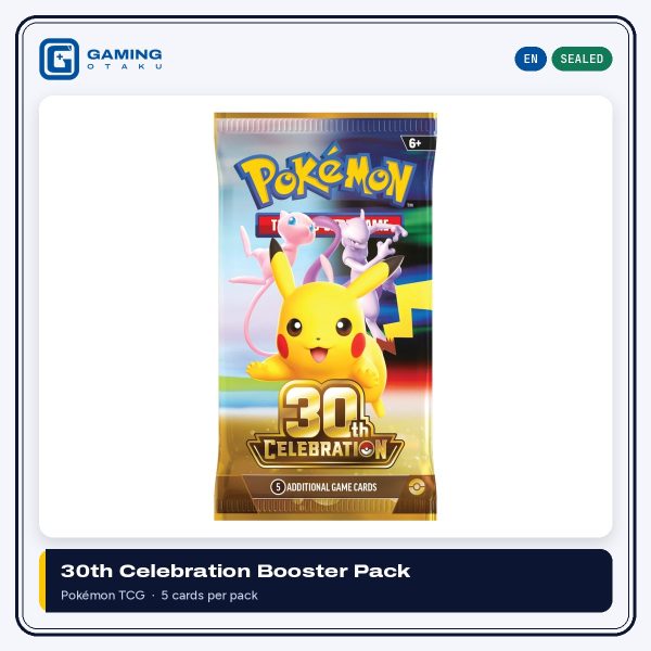 English Pokémon TCG 30th Celebration booster pack featuring Pikachu, Mew and Mewtwo