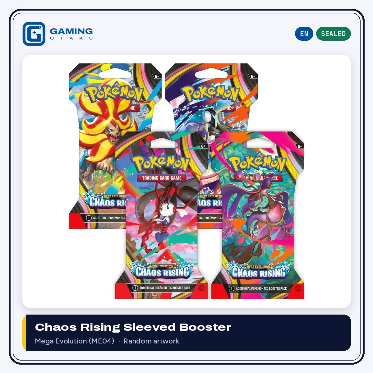 Pokémon TCG Mega Evolution Chaos Rising sleeved booster packs in four artworks