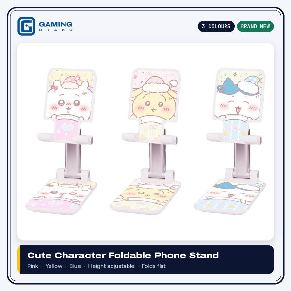 Cute character foldable phone stand in pink, yellow and blue pastel designs
