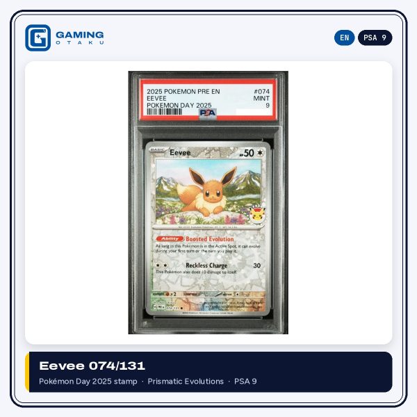 Pokémon Day 2025 stamped Eevee 074/131 Prismatic Evolutions graded PSA 9