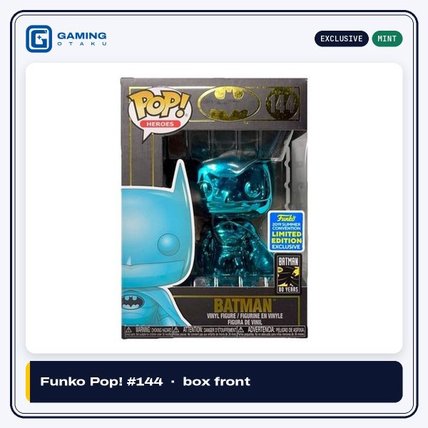 Funko Pop! Heroes Batman #144 Teal Chrome figure and box, 2019 Summer Convention exclusive