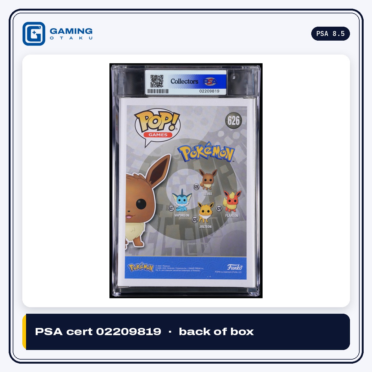 Back of the PSA graded Funko Pop #626 Eevee box