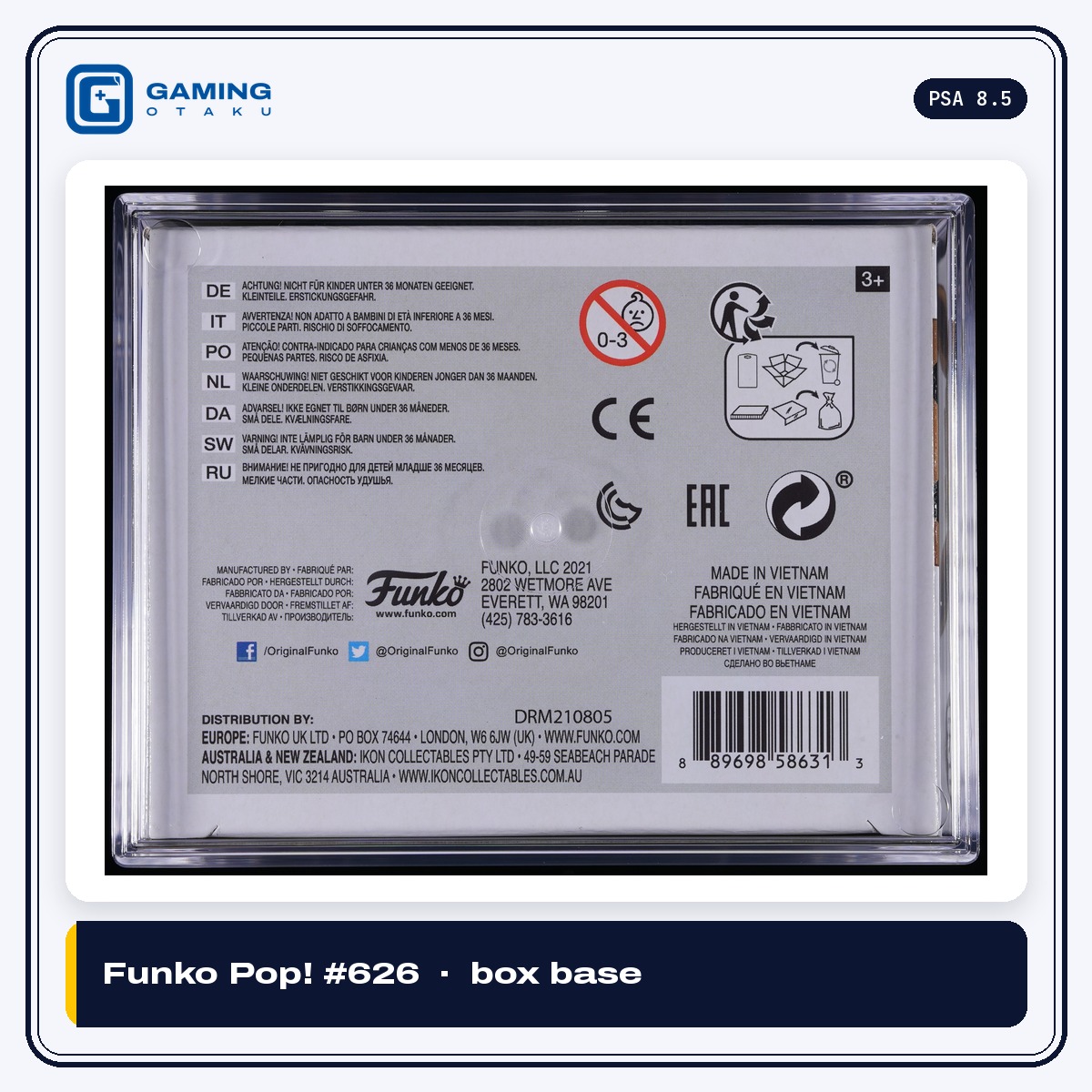Base of the Funko Pop #626 Eevee box in PSA case