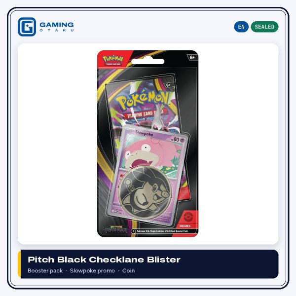 Pokémon TCG Mega Evolution Pitch Black checklane blister with booster pack, Slowpoke promo card and coin