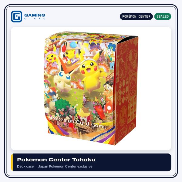 Pokémon Center Tohoku Deck Case with festival artwork of Pikachu and Victini