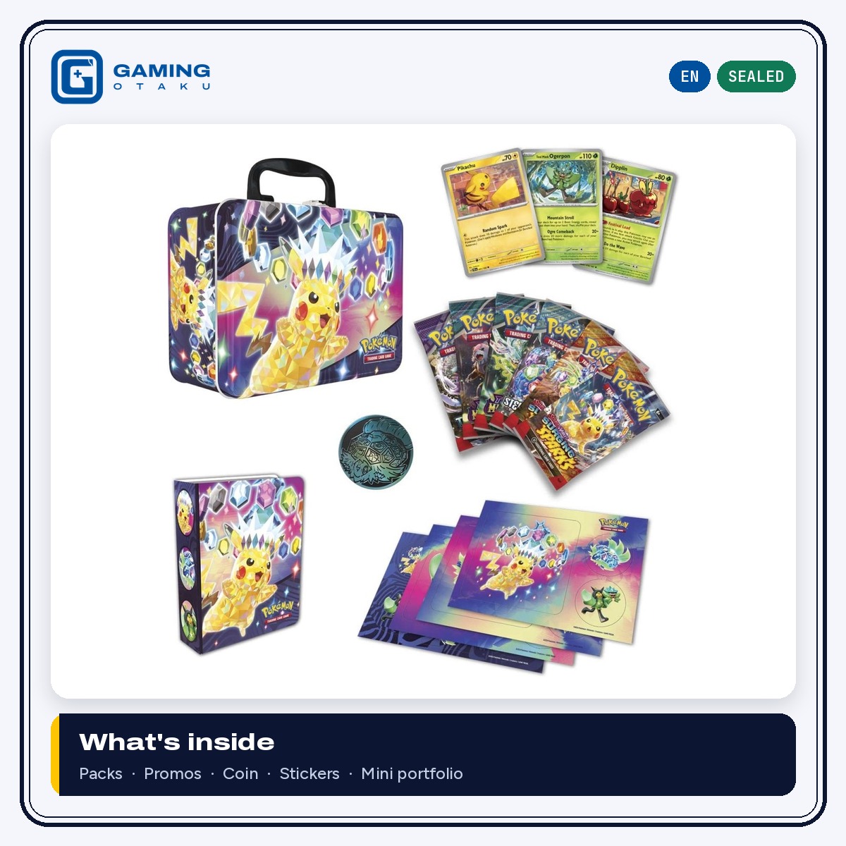 Pokémon TCG Collector Chest Fall 2024 contents: booster packs, foil promos, coin, stickers and mini portfolio