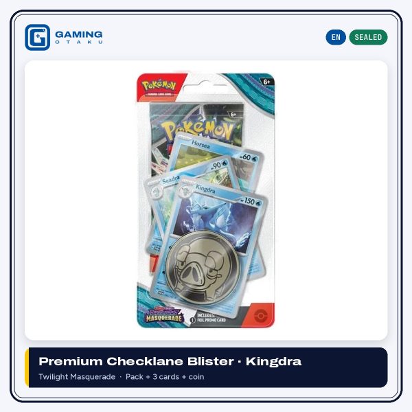 Pokémon TCG Twilight Masquerade premium checklane blister with Horsea, Seadra and Kingdra cards and coin