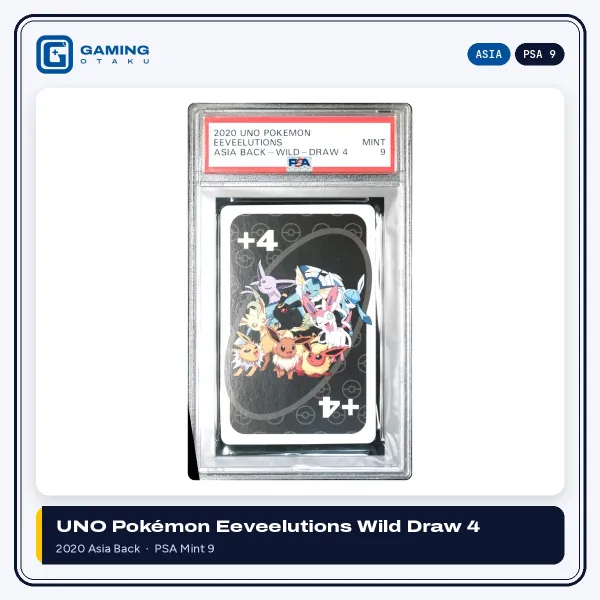 2020 UNO Pokémon Eeveelutions Wild Draw 4 card graded PSA 9 Mint, front