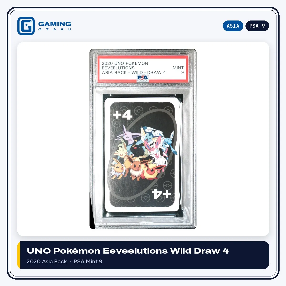 2020 UNO Pokémon Eeveelutions Wild Draw 4 card graded PSA 9 Mint, front