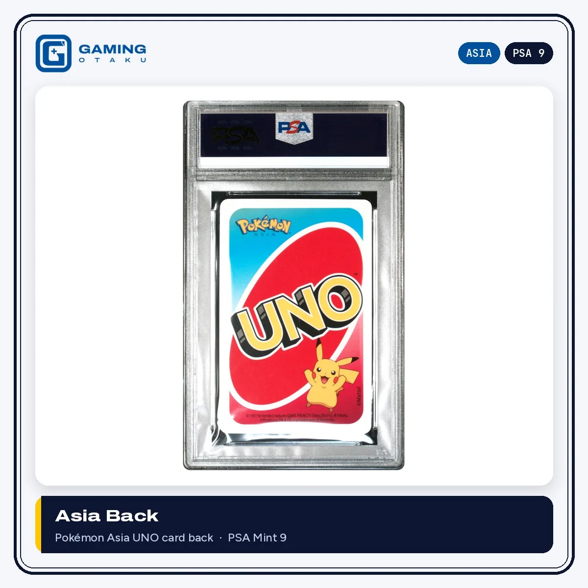Pokémon Asia UNO card back with Pikachu, PSA 9 slab