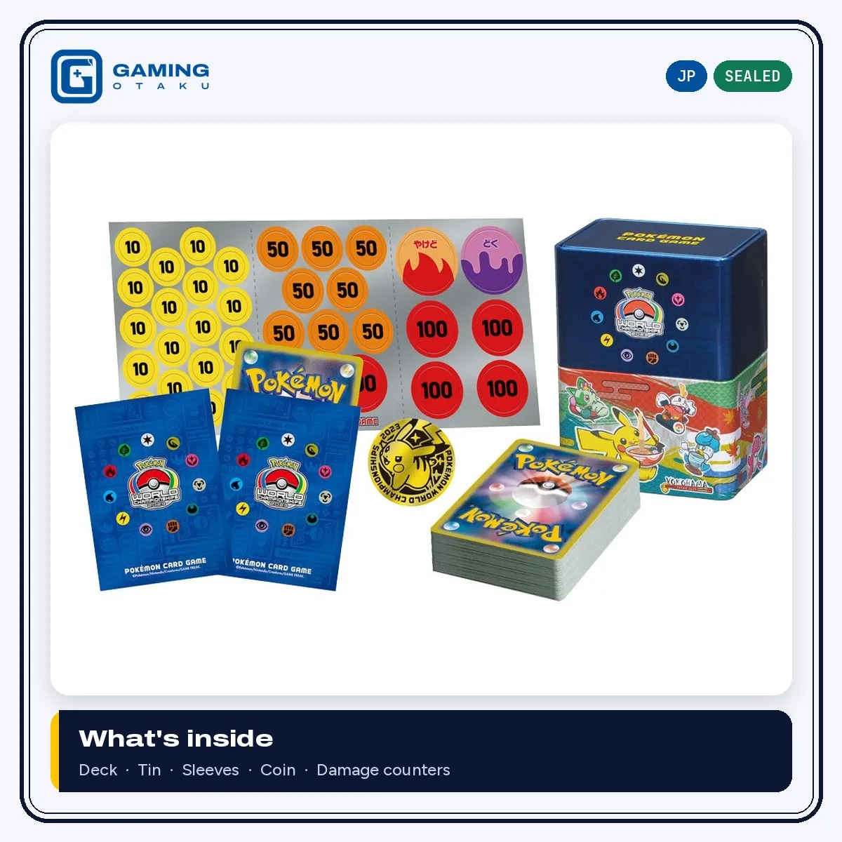 World Championships 2023 Yokohama Deck Pikachu contents: deck, tin, sleeves, coin, damage counters