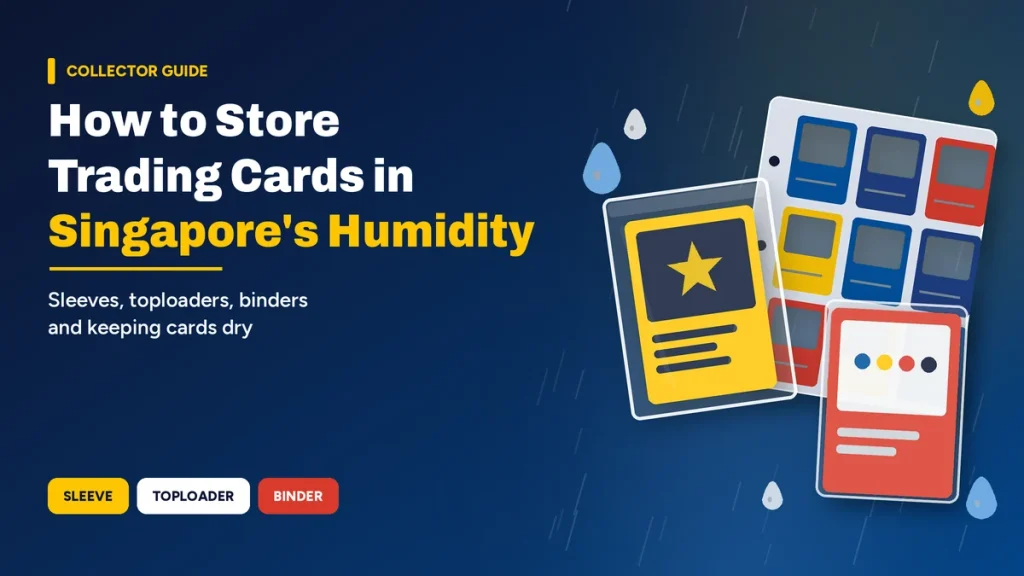 Original graphic of a blank sleeved card, toploader and binder page with raindrops, for storing trading cards in Singapore humidity