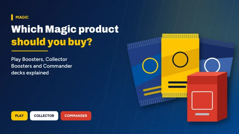 Original graphic of blank booster pack and deck box shapes on navy and blue, titled Which Magic product should you buy