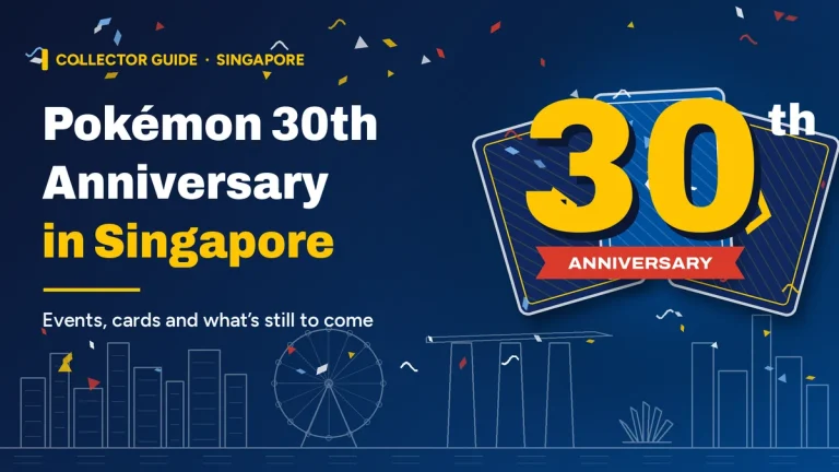 Pokémon 30th Anniversary in Singapore graphic with a yellow 30, blank trading cards, confetti and Singapore skyline