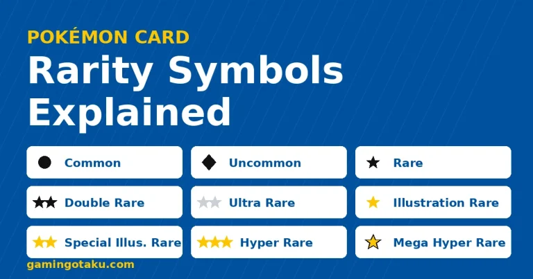 Pokémon card rarity symbols chart showing circle, diamond, black, silver and gold stars with rarity names