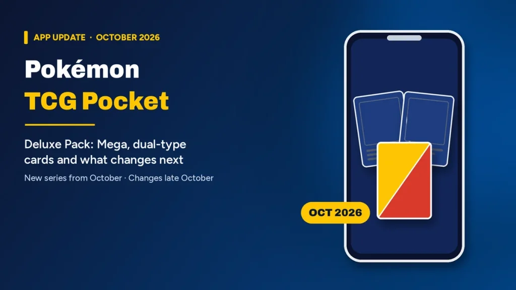 Pokémon TCG Pocket October 2026 update graphic with a phone outline, blank cards and a two-colour dual-type card