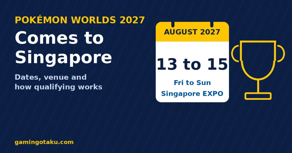 Graphic showing the dates of the 2027 Pokémon World Championships in Singapore.