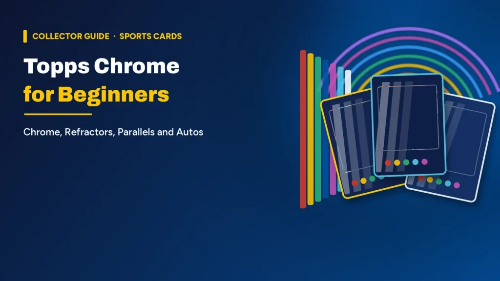 Topps Chrome for Beginners graphic with blank shiny card silhouettes, colour parallel bars and prism arcs