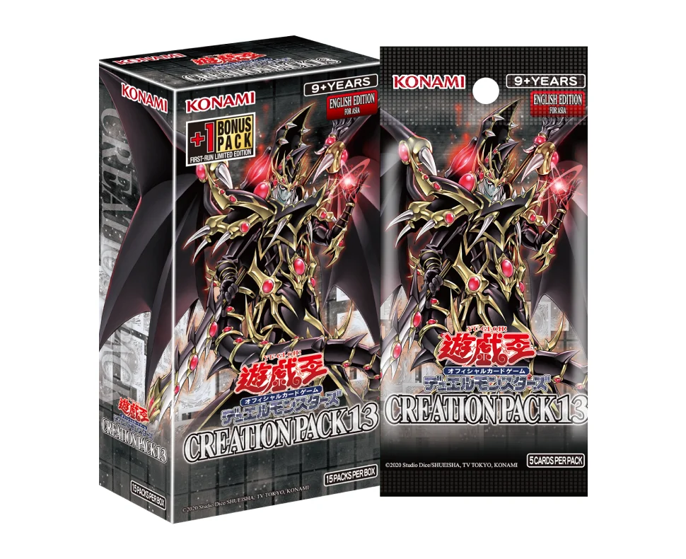 Official Konami product image of Yu-Gi-Oh! Creation Pack 13, English Edition for Asia, showing a 15-pack display box with a +1 Bonus Pack label beside a single 5-card booster pack